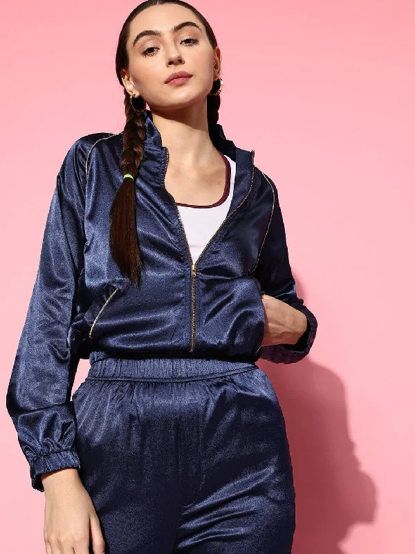 Minimal Classic Classic And Versatile Women Navy Lycra Satin Constrast Piping Bomber Jacket