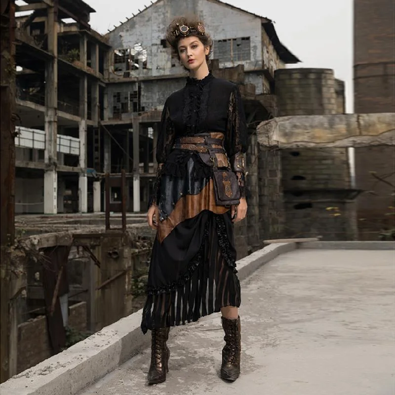 Minimal Style Sports Design Women's Tiered Faux Leather and Net Steampunk Skirt