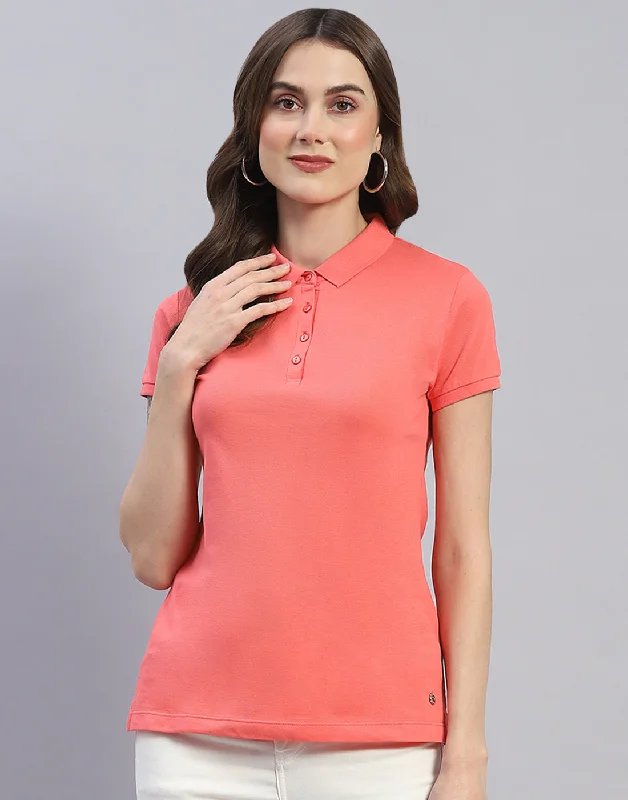 Perfect Tailoring Diamond Series Women Coral Solid Polo Collar Half Sleeve T-Shirt Perfect Tailoring Diamond Series Women Coral Solid Polo Collar Half Sleeve T-Shirt