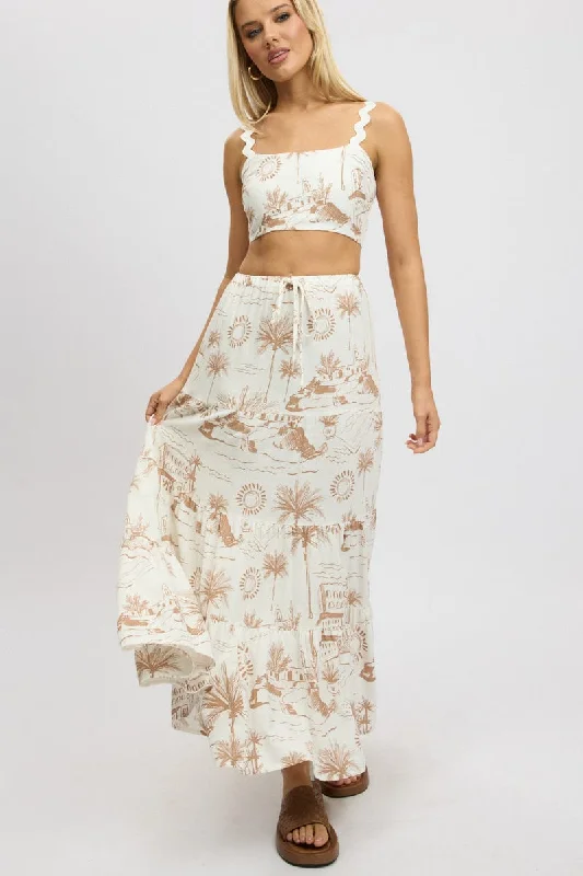 Exquisite Design Bright Colors Brown Abstract Maxi Skirt Tiered High Rise Elastic Waistband