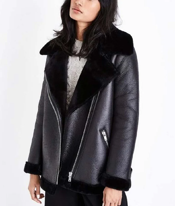 Fashion Style Women's Black Leather Shearling Jacket