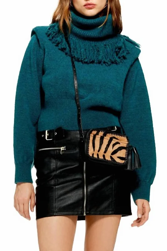 Personalized Outfit Slightly Flared Design Rock It Fringe Turtleneck Cropped Sweater In Green Personalized Outfit Slightly Flared Design Rock It Fringe Turtleneck Cropped Sweater In Green