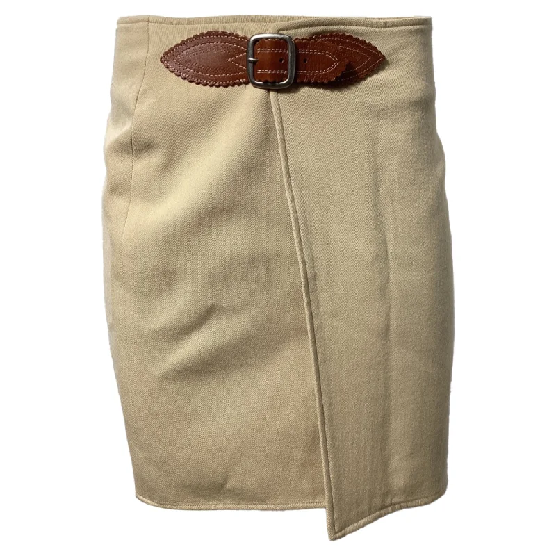 Exquisite Craftsmanship Diamond Series Ralph Lauren Buckle Wrap Detail Mini Pencil Skirt in Beige Wool Exquisite Craftsmanship Diamond Series Ralph Lauren Buckle Wrap Detail Mini Pencil Skirt in Beige Wool