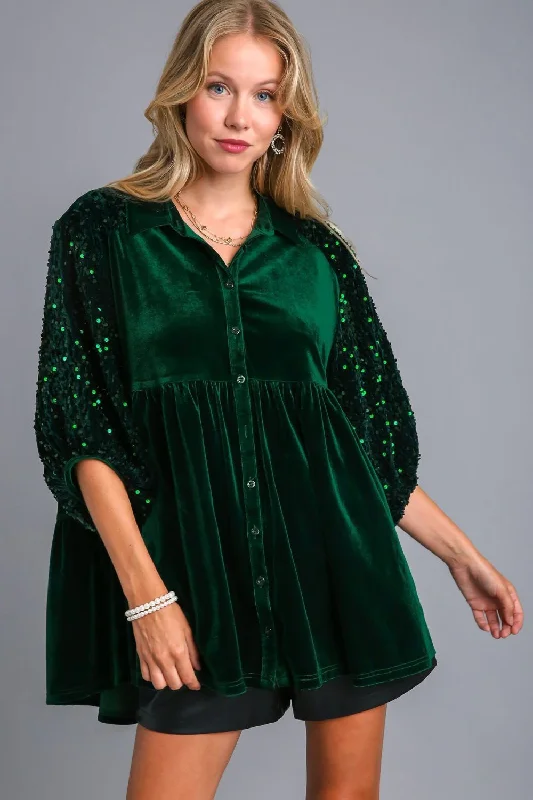 French Style Elegant Design Sequin Detail Tiered Back Half Sleeve Shirt