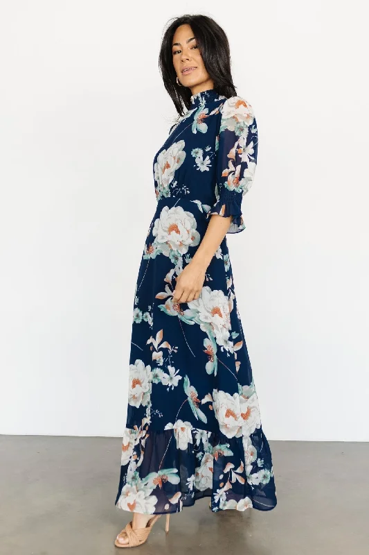 Tropical Style Marie Mock Neck Maxi Dress | Navy Floral