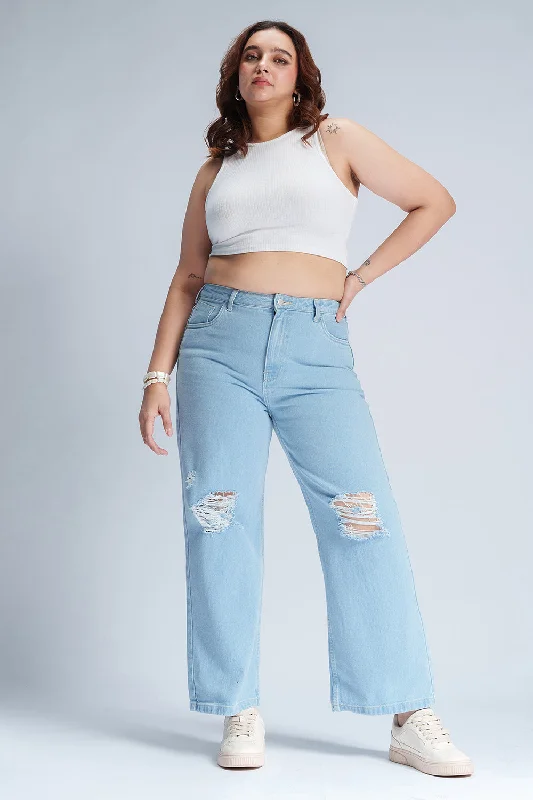Celebrity Must-have Short Design Ocean Mist Distressed Curve Straight Fit Jeans
