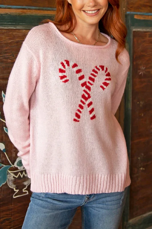 Unique Prints Thin Design Candycane Sweater In Pink
