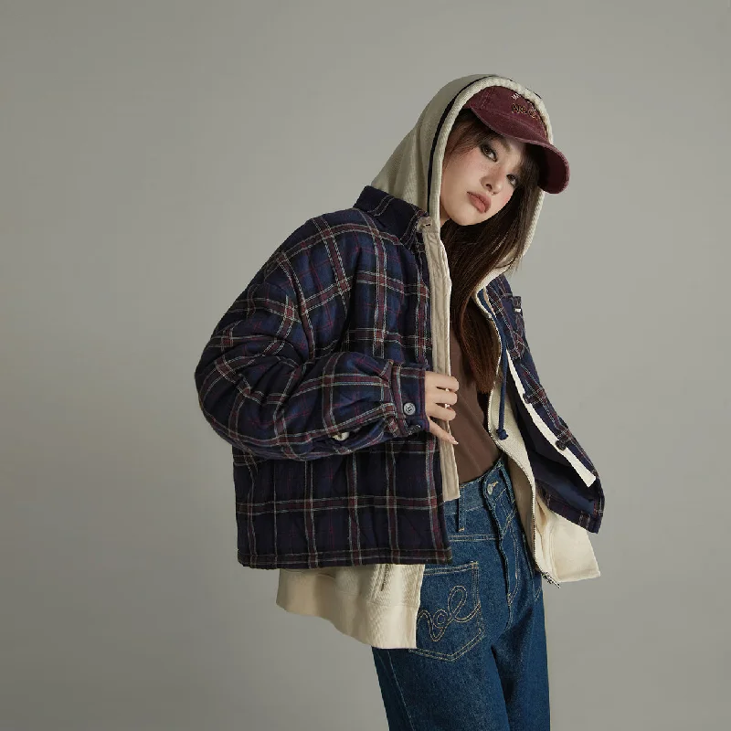 Feminine Charm Bottom And Versatile Check Shirt Overfit Jacket