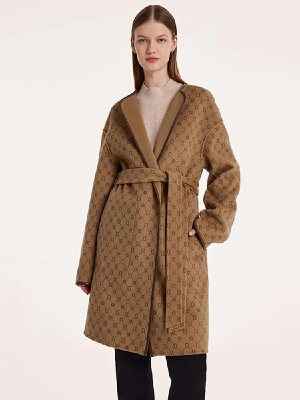 Hip-hop Style Pure Wool Reversible Printed Wrapped Coat With Belt