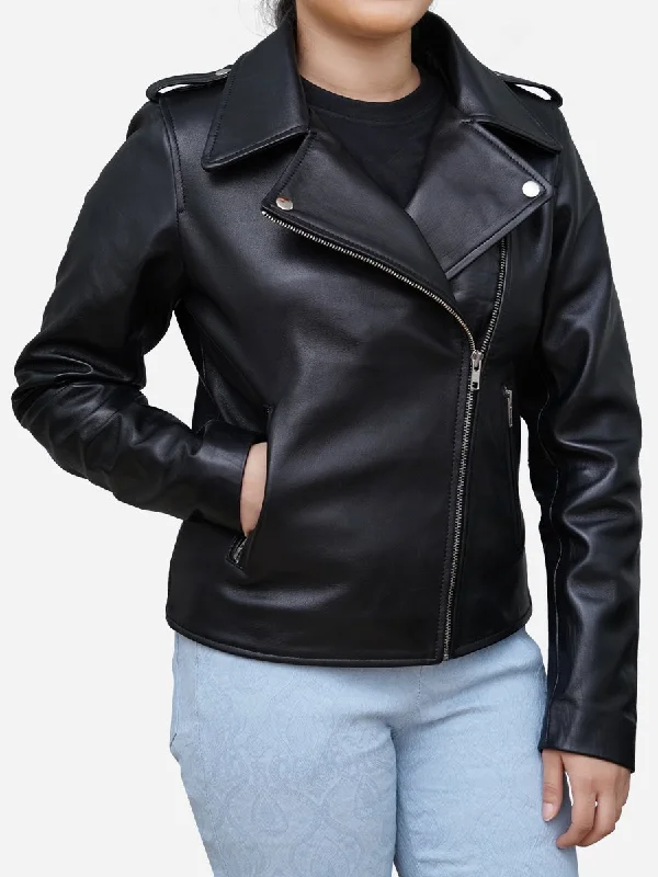 High-end Customization Classic And Versatile Women's Black Genuine Leather Biker Jacket