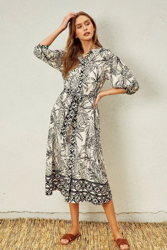 Comfortable Fashion Black Tropical Print Button Down Shirt Dress