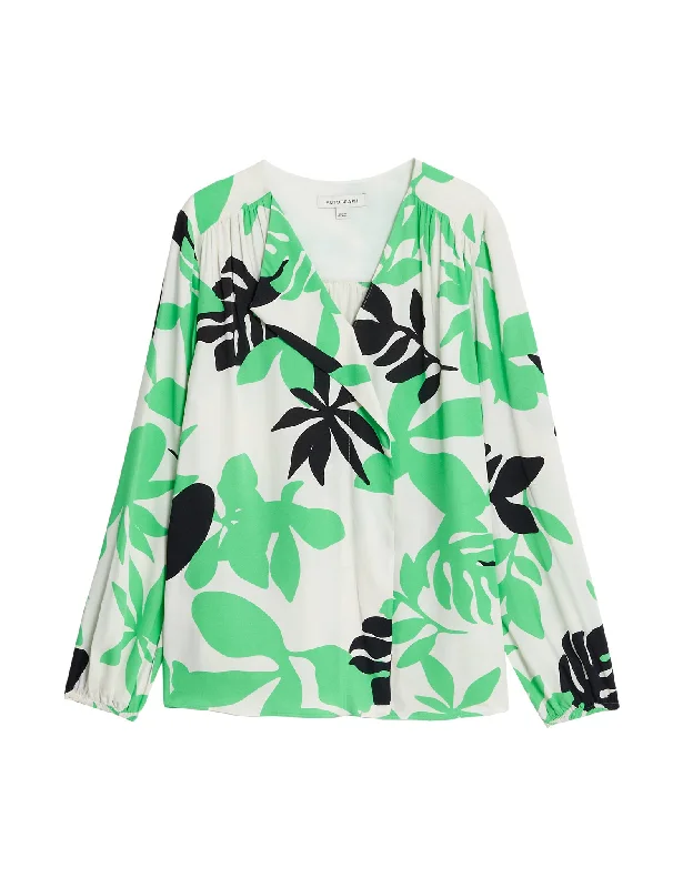 British Style Lazy Home Leaf Print Draped V-Neck Blouse