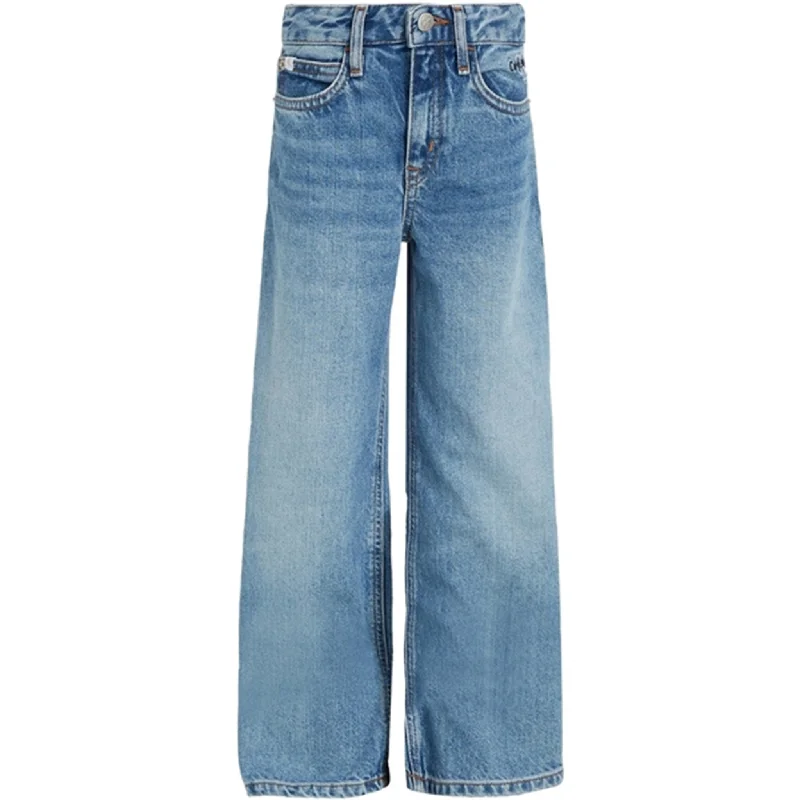 Fashion Classic Cute Style Calvin Klein HR Wide Leg Workwear Denim Jeans Authentic Light Blue