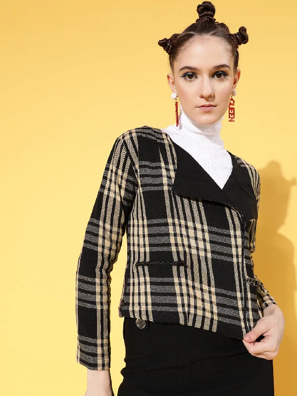 Fashion Innovation Urban Style Women Brown Flannel Check Biker Jacket