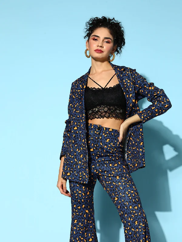 Exquisite Tailoring Fashionable And Versatile Women Navy Cheetah Scuba Double Breasted Blazer