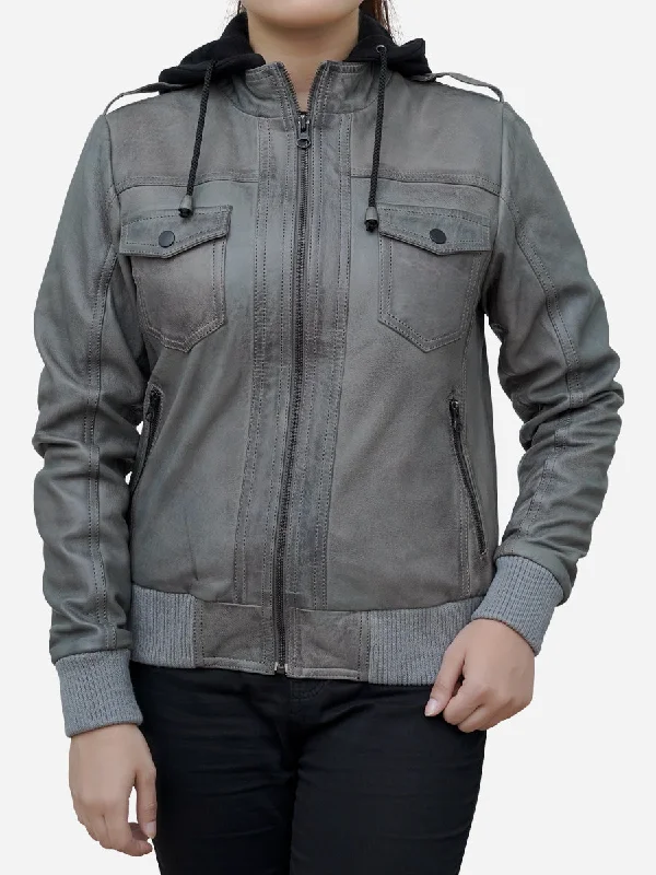 Comfortable Fashion Warm Atmosphere Women’s Cloud Grey Real Lambskin Hooded Leather Jacket