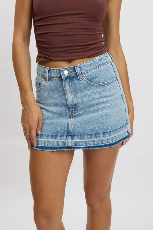 Fashion Innovation Unique Design Denim Mini Skirt Mid Rise Let down Hem