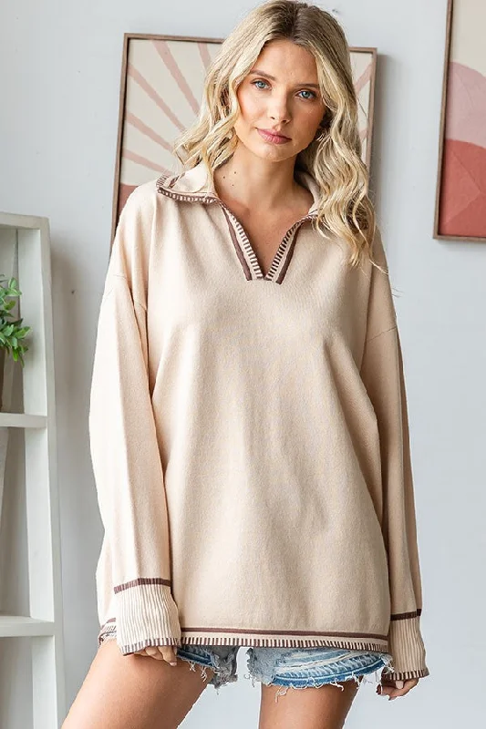 Classic Retro French Style Beige Contrast Trim Collared Sweater