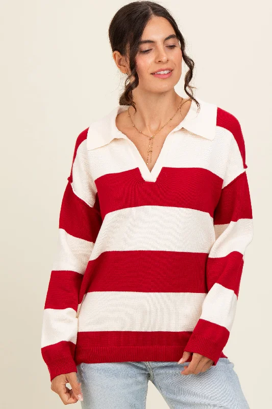 Unique Prints Fashionable And Versatile Red Wide Stripe Polo Sweater