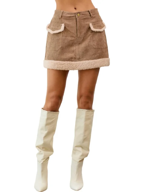 Soft And Comfortable Double-sided Wear Sherpa Corduroy Mini Skirt In Tan