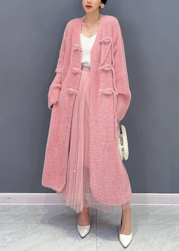 Sports Cool Beautiful Pink V Neck Button Woolen Trench Coat Long Sleeve