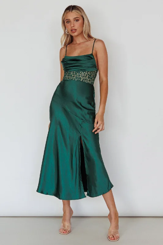 Retro Prints Golden Era Cowl Neck Lace Waist Midi Dress Jade