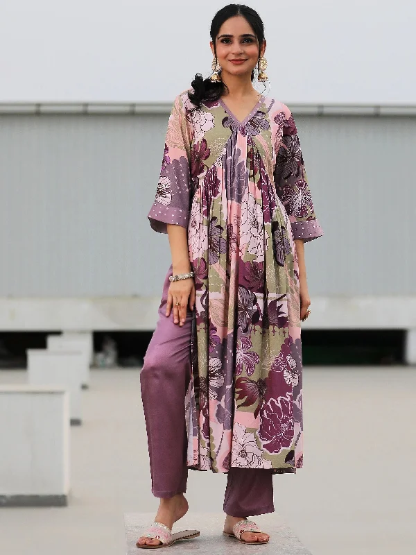 Fashion Design Mauve Printed Rayon A-Line Kurta With Trousers