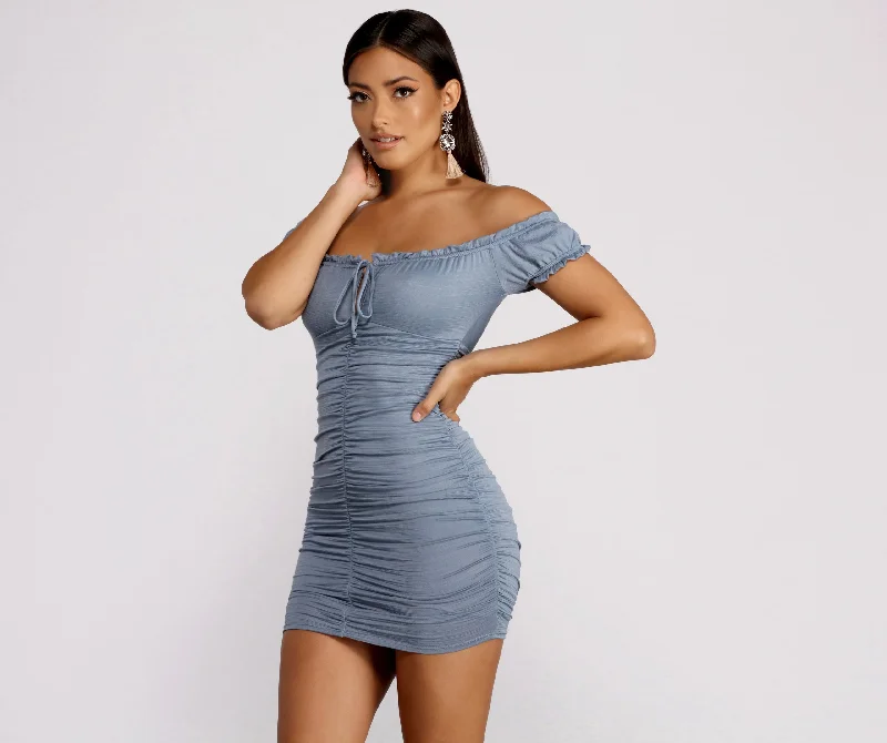 French Style Oh So Dainty Ruffle Trim Off Shoulder Ruched Mini Dress