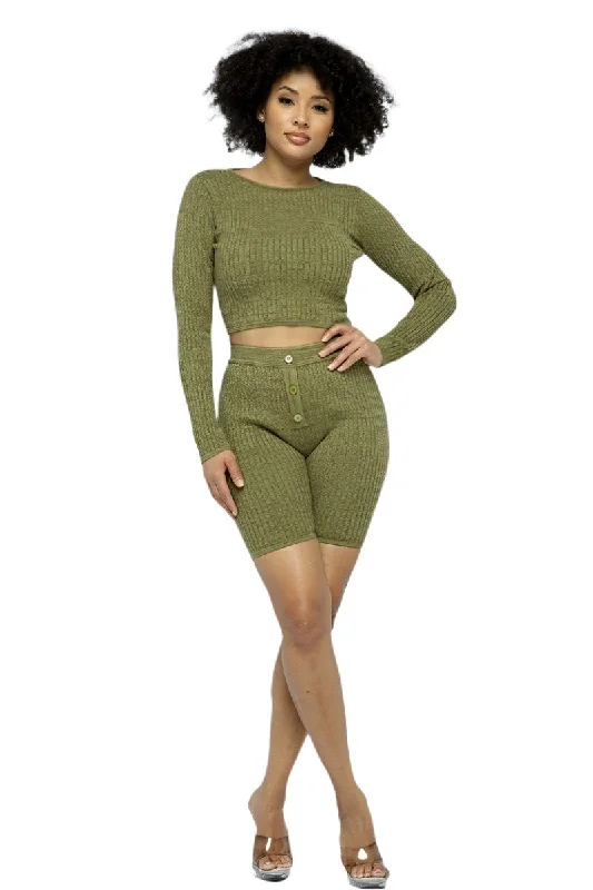 Exquisite Embroidery Knit LS Cropped Top Biker Shorts Set