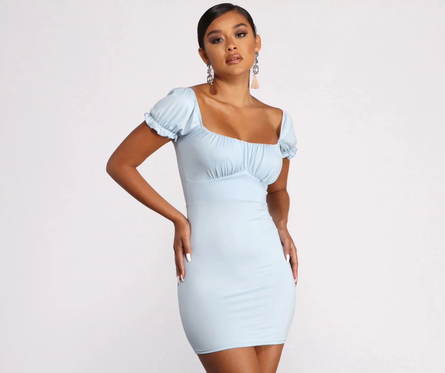 British Style Puff Sleeve Ruched Knit Mini Dress