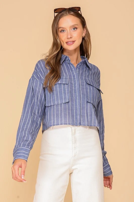 Comfortable And Cold-proof Simone Long Sleeve Button Down Stripe Print Crop Top Blue