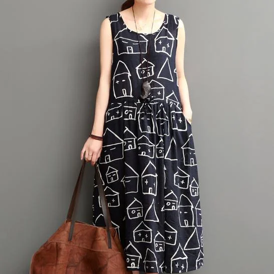 Sweet Style Smiling house black cotton sundresses plus size casual maxi dress sleeveless