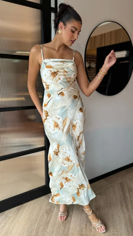 Exquisite Tailoring Martina Light Green Multi Blossom Print Strappy Slip Midi Dress