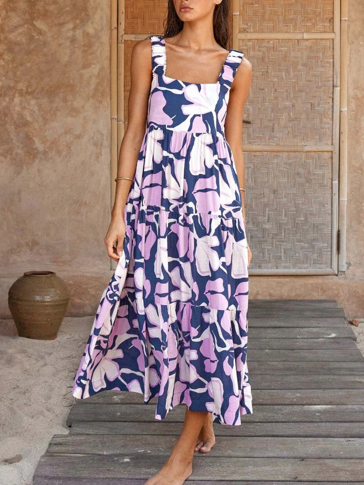 Street Cool Pleated Beach for Women Holiday Strap A- Line Floral Printed Long Maxi Dress