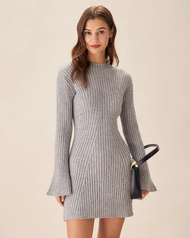 Must-have For Autumn And Winter Grey Crew Neck Bell Sleeve Sweater Dress
