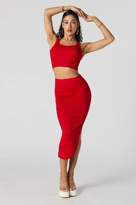 Tropical Style High Street Style Ruched Bodycon Slit Midi Skirt