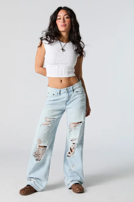 End Of The Year Simple Matching Light Wash Distressed Low Rise Skater Jean