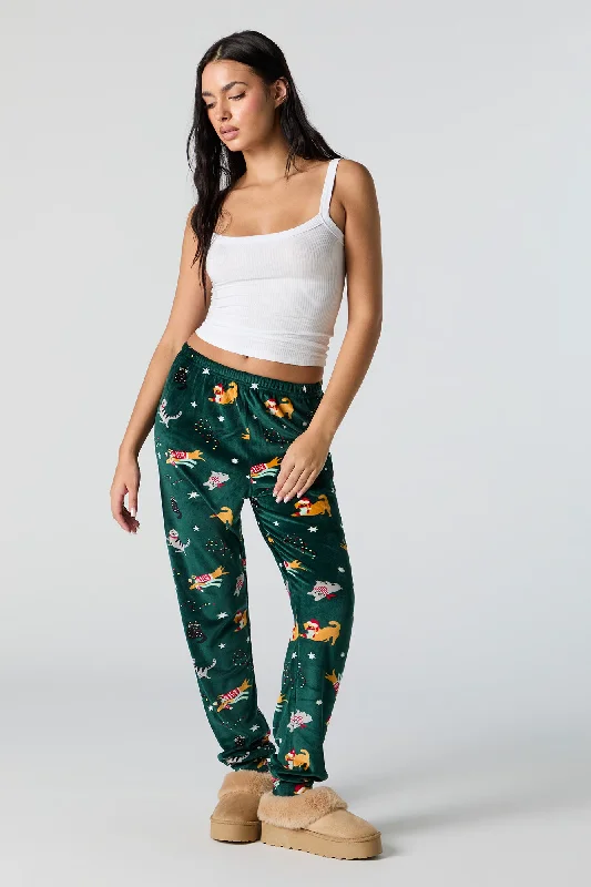 Street Fashion Christmas Print Velour Pajama Jogger