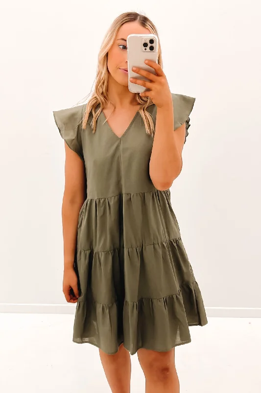 Fashionable Inner Wear Exquisite Embroidery Alina Tiered Dress Khaki