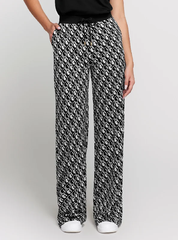 Unique Prints Stretch Design Black White Logo Straight Long Pant