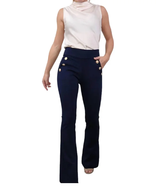 European Plan Bottom And Versatile Button Ponte Pants In Navy
