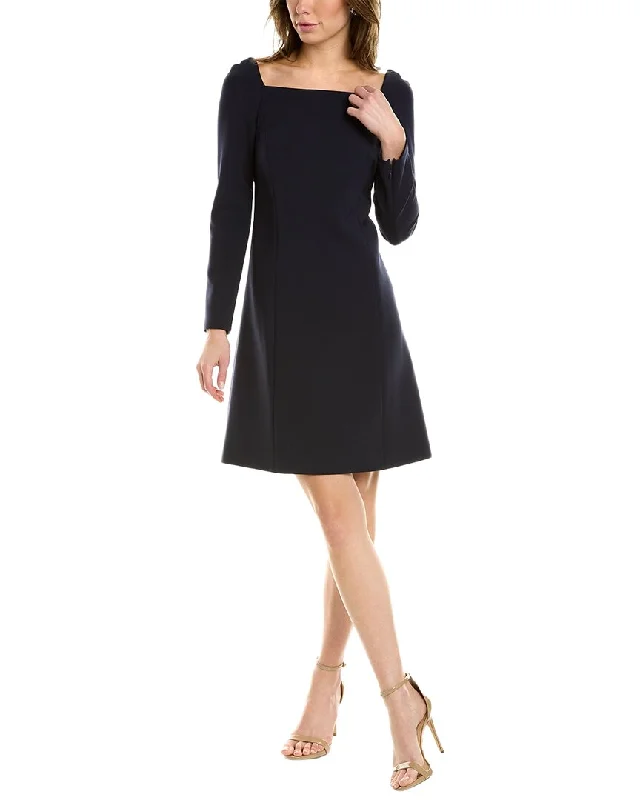 Street Fashion Style Carolina Herrera Square Neck Wool-Blend Shift Dress