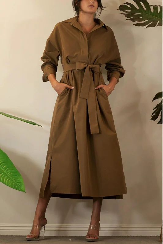 High Street Design Cool Maxi Shirt Dress In Caramel
