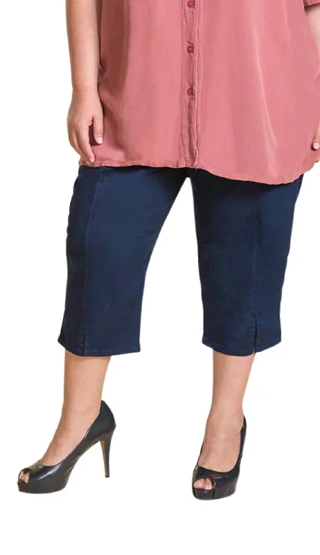 Retro Design Simple Solid Color Cotton Stretch Twill Crop Pants - Plus In Navy