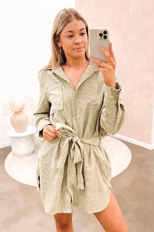 Sweet Style Personalized Clothing Embry Cord Shirt Dress Sage