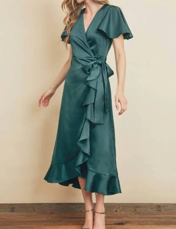 Street Sports Shoes Flutter Sleeve Midi Wrap Dress in Emerald