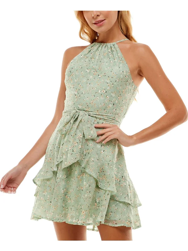Must-have For Fashion Youthful Juniors Womens Floral Print Mini Halter Dress