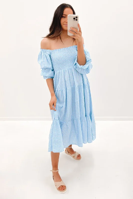 Luxury Style Elegant Design Kelsey Midi Dress Blue Check