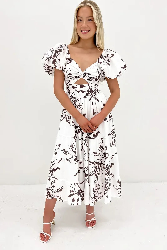 Retro Fashion Urban Sense Lana Midi Dress White Brown