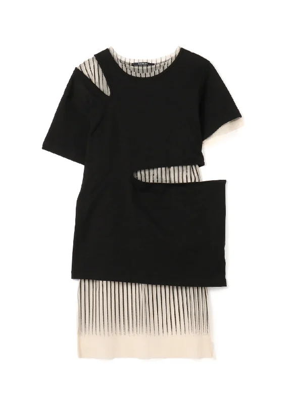 Youthful Street Fashion Modern City 40/2C Soft PS+Stripe Print Layered T B